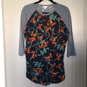 LuLaRoe Randy Dark Blue Print & Grey Sleeves - M